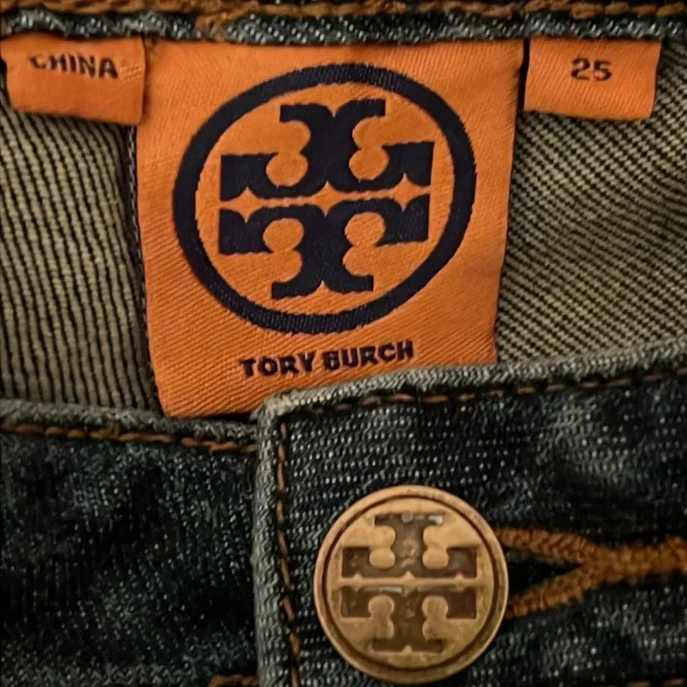 TORY BURCH Dark Wash Gold Logo Hardware Low Rise Super Skinny Jeans SIZE 25